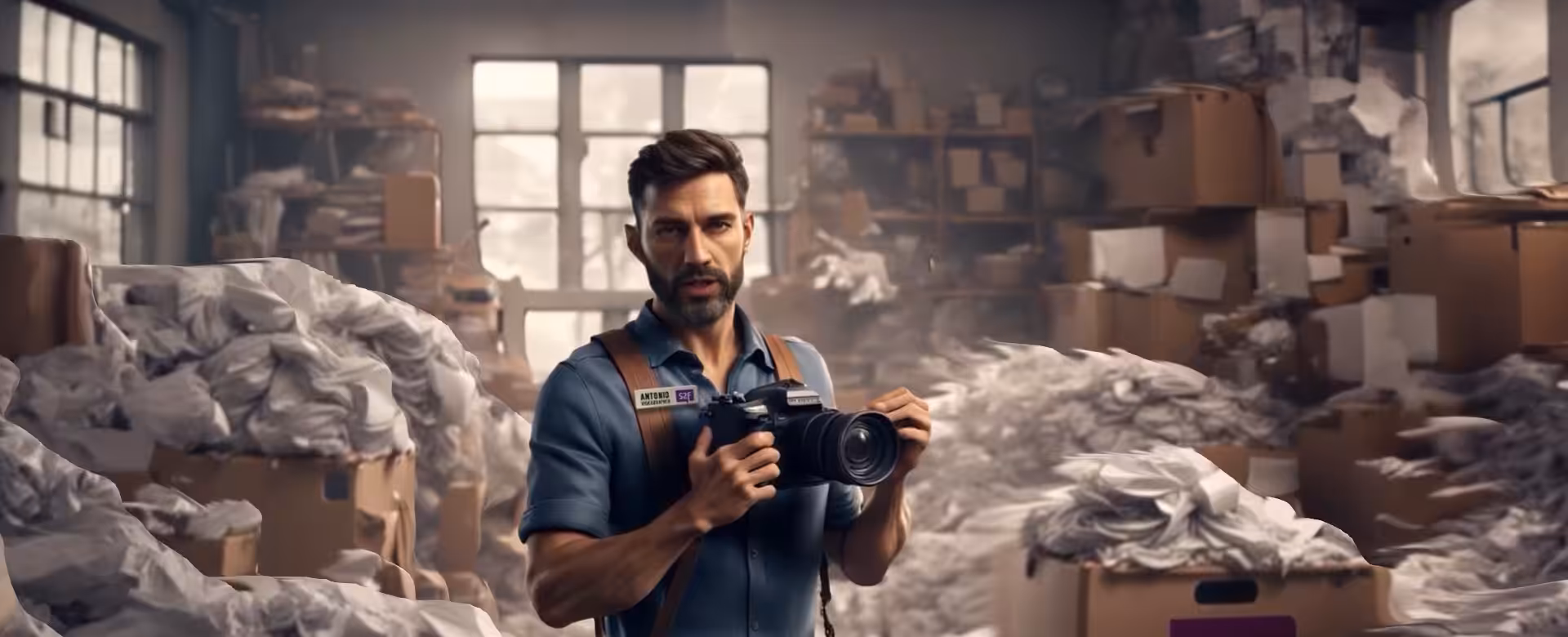 AI image of photographer in room full of waste
