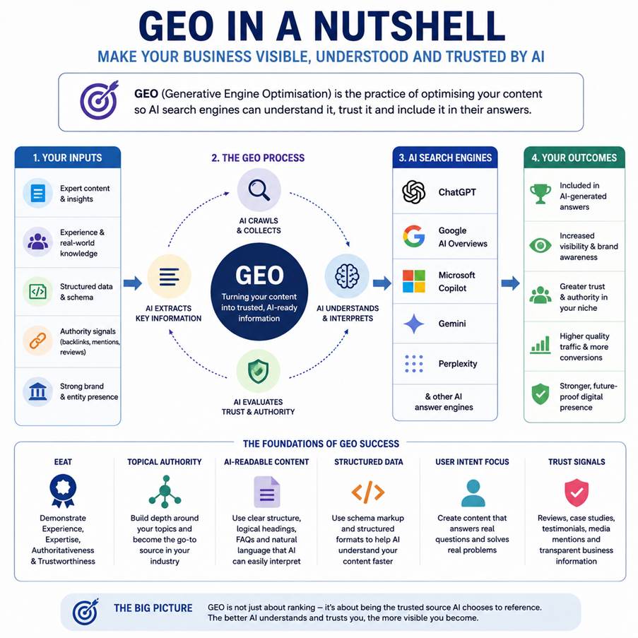 GEO glossary: The essential plain-English guide to improving your AI ranking This GEO glossary has been created to explain the most important GEO and AI SEO terminology in plain English. No unnecessary jargon. No overcomplicated technical language.